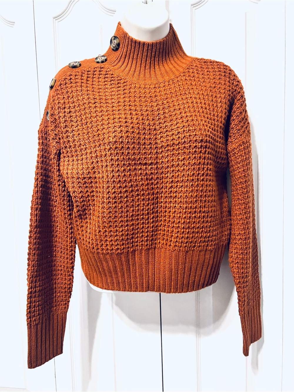 Full Circle Trends Button-Shoulder Waffle Knit High Neck Sweater-Rust-Small Jrs.